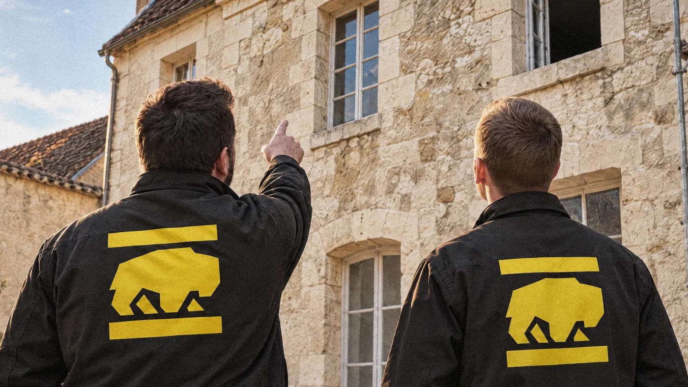 Les deux associés de BisonBât, de dos, devant une maison en pierre