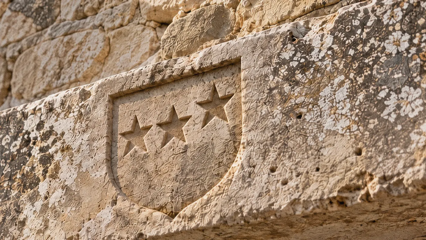 Le blason à trois étoiles taillé dans un linteau de pierre